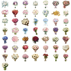 Detailed grid of 50 waterproof cartoon flower stickers for scrapbooking and decoration