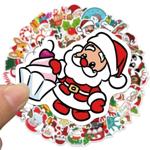 Detailed close-up of waterproof PVC Christmas stickers featuring Santa and reindeer designs