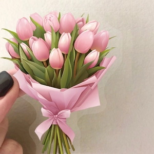 Close-up of waterproof pink tulip bouquet sticker with ribbon for journal decoration
