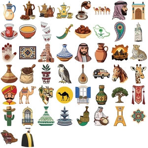 Set of 50 Middle Eastern cartoon stickers for laptop decor featuring camels and Arabic icons
