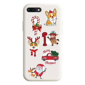 Christmas stickers on a cream phone case featuring festive corgi and red holiday truck art