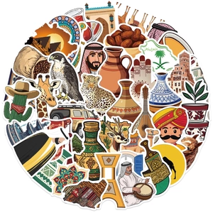 Detailed close-up of Middle Eastern art stickers featuring camels, falcons and pyramids