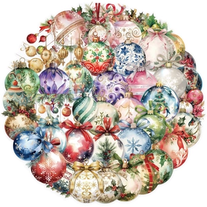 50pcs transparent Christmas bell stickers with watercolor reindeer and snowflake designs