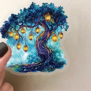 50pcs waterproof clear cartoon magic tree stickers with glowing lanterns for journaling