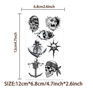 Detaillierte Vorlage für gotische Totenkopf-Tattoos in Schwarz-Weiß, Größe 12x6,8 cm