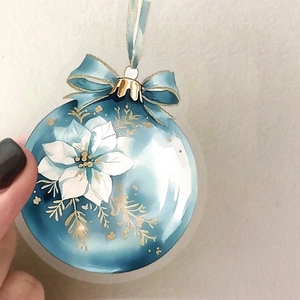 Detail of transparent waterproof Christmas bell sticker with blue watercolor poinsettia