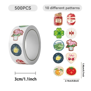 Rotolo da 500 adesivi carini con 10 motivi assortiti di frutta e fiori disegnati a mano