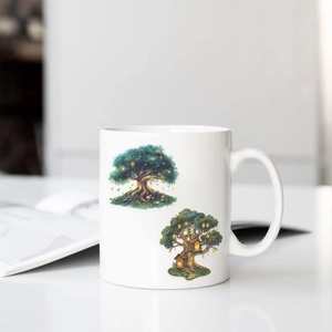 Detail of waterproof cartoon magic tree stickers applied on a white ceramic mug