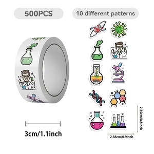 Detail showing 10 science-themed sticker designs with microscopes and DNA on a roll