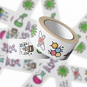 Roll of 500 cartoon science lab stickers featuring microscopes and chemical formulas