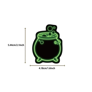 Waterproof neon witch cauldron sticker with size details 5.44cm by 4.18cm for Halloween DIY