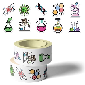 Detailed view of science lab washi tape rolls featuring colorful cartoon chemistry icons
