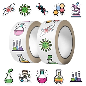 Close-up of scientific lab stickers featuring DNA, microscope, and chemical formulas