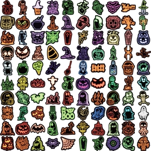 Set of 100 neon Halloween graffiti stickers with pumpkins and skulls for DIY laptop decor