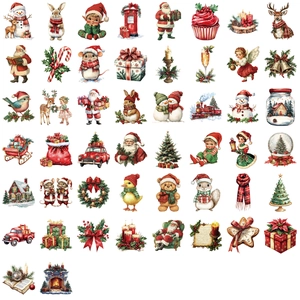 Set van 50 vintage kerststickers van PET met kerstman en rendier voor laptop decoratie