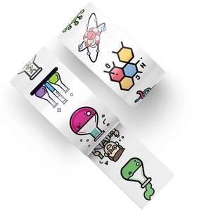 Detail of white science-themed stickers featuring atom, flask and DNA illustrations