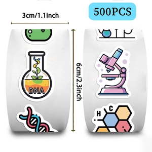 Close-up of 500 science lab stickers showing microscopes, DNA, and chemical flask details