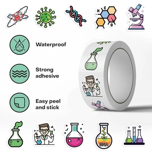Detail showing waterproof science theme stickers with microscope and DNA lab patterns