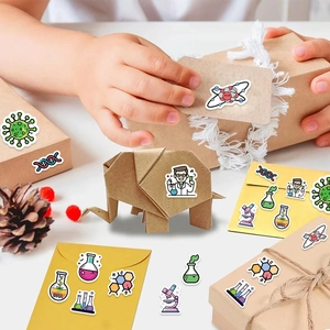 500pcs science cartoon stickers roll with DNA microscope and lab flasks for gift wrapping