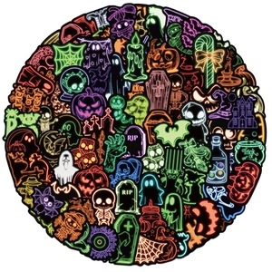 Collage of neon Halloween graffiti stickers featuring glowing pumpkins and ghosts