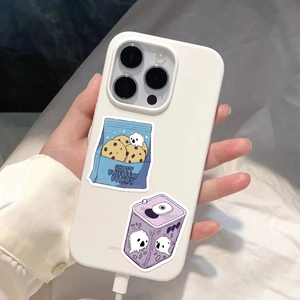 White iPhone Pro case with ghost blueberry cookie and purple drink cartoon stickers