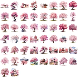 50 pieces of waterproof transparent PET stickers with Japanese cherry blossom and pagoda