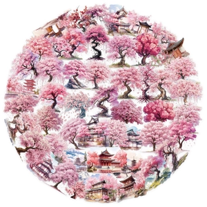 50 pieces of transparent watercolor cherry blossom and pagoda stickers for journaling