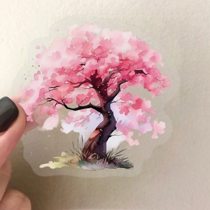 Close-up of a clear PET Sakura watercolor sticker with vibrant pink cherry blossom tree