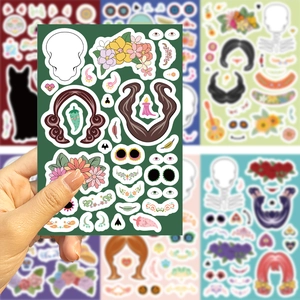Detail van Dag van de Doden DIY-stickers met kleurrijke schedel- en bloemmotieven