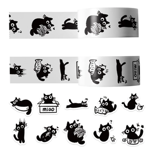 Macro detail of cartoon black cat stickers roll with various cute feline illustrations