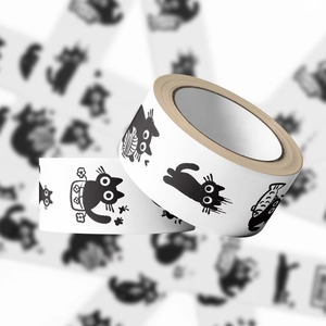 Roll of white cartoon black cat decorative tape with various hand-drawn kitten patterns