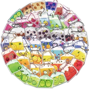 Vue macro d'autocollants sachets de thé aux fruits cartoon avec textures PET transparentes