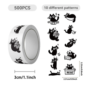 Detailed size chart for black cat stickers roll with 10 unique cartoon kitten patterns