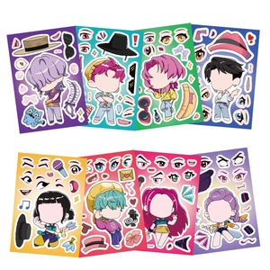 DIY mix and match cartoon face stickers for kids showing 8 different creative character sheets