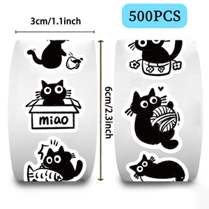 Close-up of 500 count cartoon black cat sticker rolls with 3cm diameter size labels