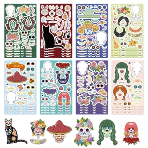 8 vellen Dag van de Doden DIY-stickers met suikerschedels en goudsbloem ontwerpen