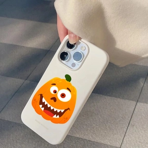 Close-up of a creamy white Halloween pumpkin phone case held in hand for iPhone Pro