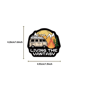Detail view of a waterproof camping sticker featuring a van and Living the Vantasy text