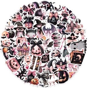 50pcs cute pink and black Halloween stickers for laptop guitar and DIY waterproof decor