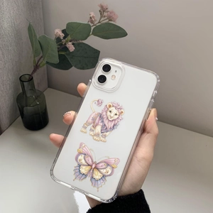 Close-up of a clear TPU iPhone case featuring a dreamy pastel lion and butterfly illustration