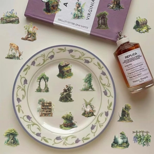 Vintage forest fantasy PET stickers set with magic trees and mystical scenery for journals