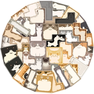 Macro shot of colorful tetris cat stickers in various shapes for laptop and guitar decor