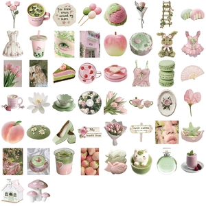 Set of 50 pastel cottagecore stickers with floral, dessert and cute animal motifs