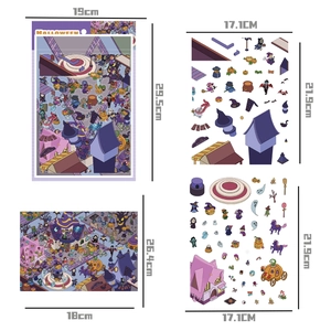 Detailed view of Halloween cartoon stickers with dimensions and cute character illustrations