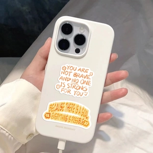 Close-up of white iPhone case featuring orange inspirational quote stickers and OSOW logo