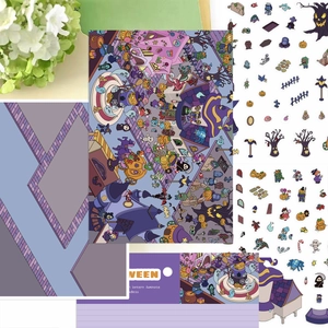 Cartoon Halloween 3D miniature theme sticker set with pumpkins, witches, and ghost designs