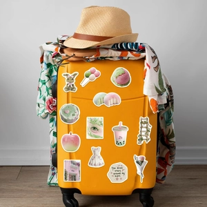 50pcs Early Summer Dream girl doodle stickers set on a yellow suitcase for travel