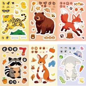 DIY cartoon animal stickers set featuring 6 themes with various mix-and-match facial features