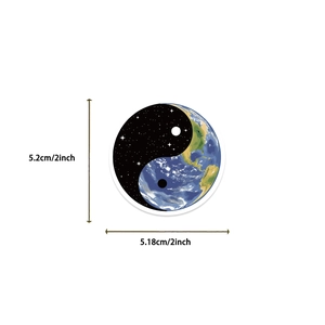 Macro detail showing yin yang earth and space sticker dimensions at 2 inches