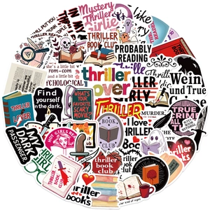 Flat lay of gothic thriller stickers featuring mystery books, knives, and skulls for DIY decor